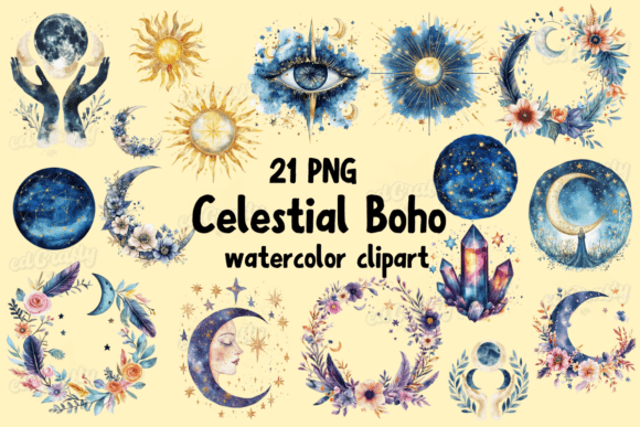 Download Celestial Boho Watercolor Clipart Bundle - Celestial boho Collection